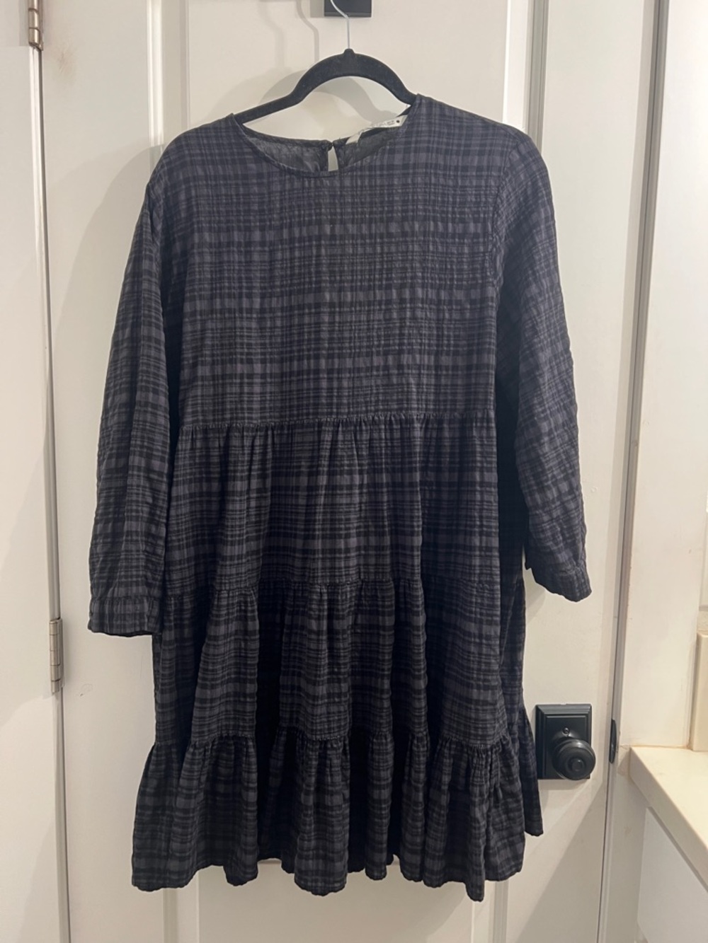 Zara Black Plaid Tiered Long-Sleeve Dress